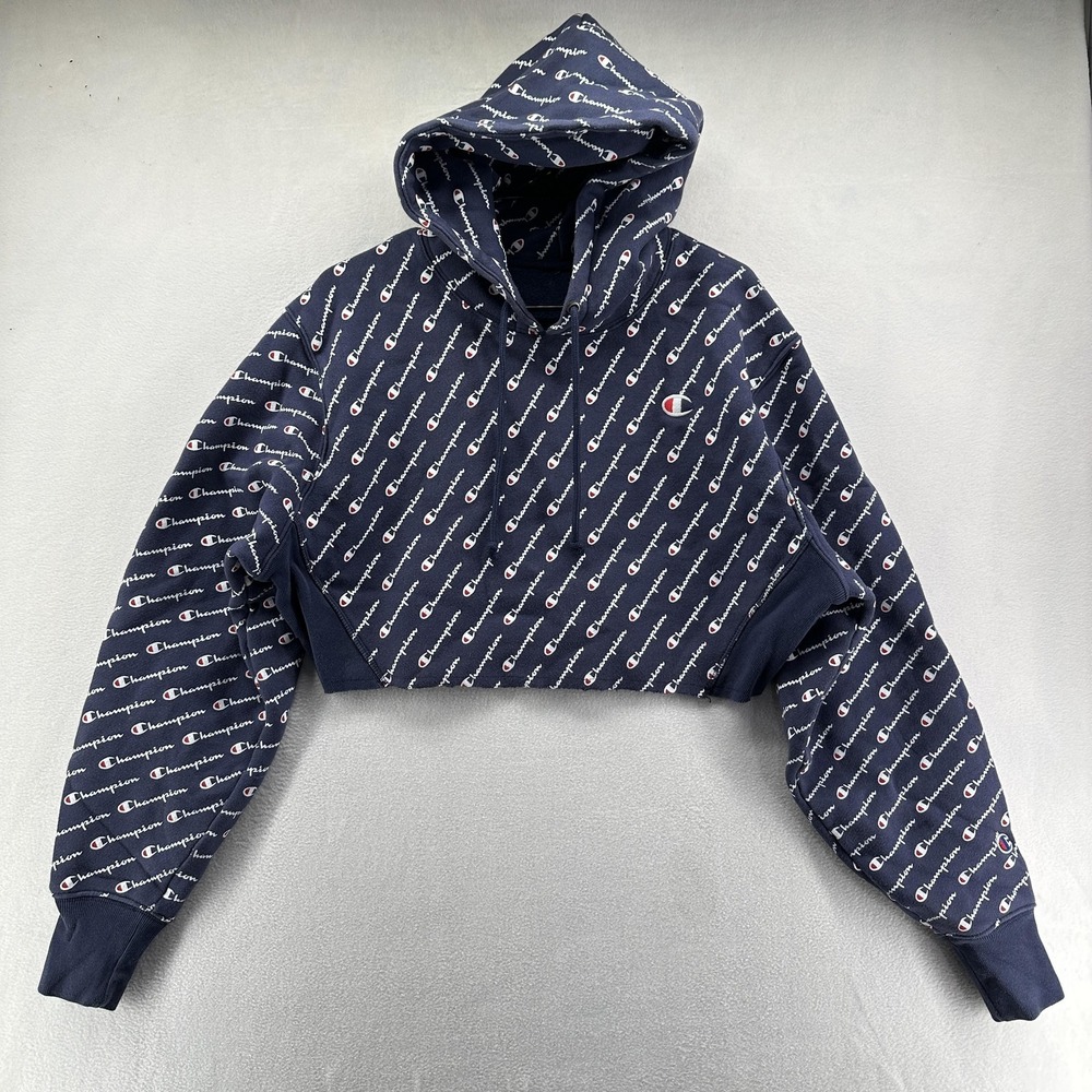 Champion Hoodie Womens Medium Blue All Over Logo Print Cropped Fleece Pullover